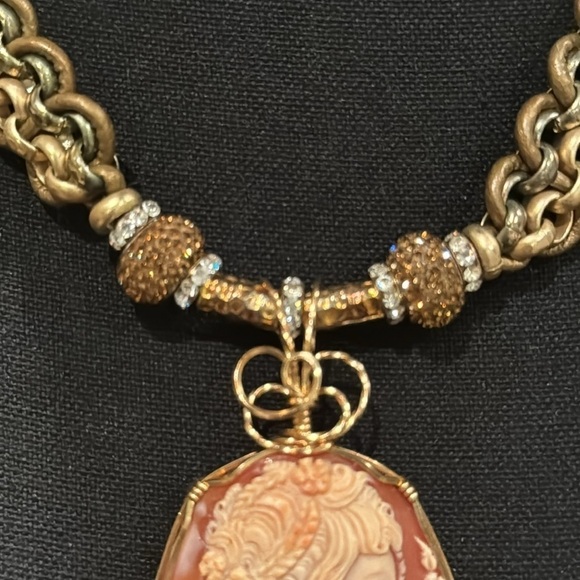 Cameo Statement Necklace pave bronze white rhinestone Beads 14k Handmade - Picture 8 of 11